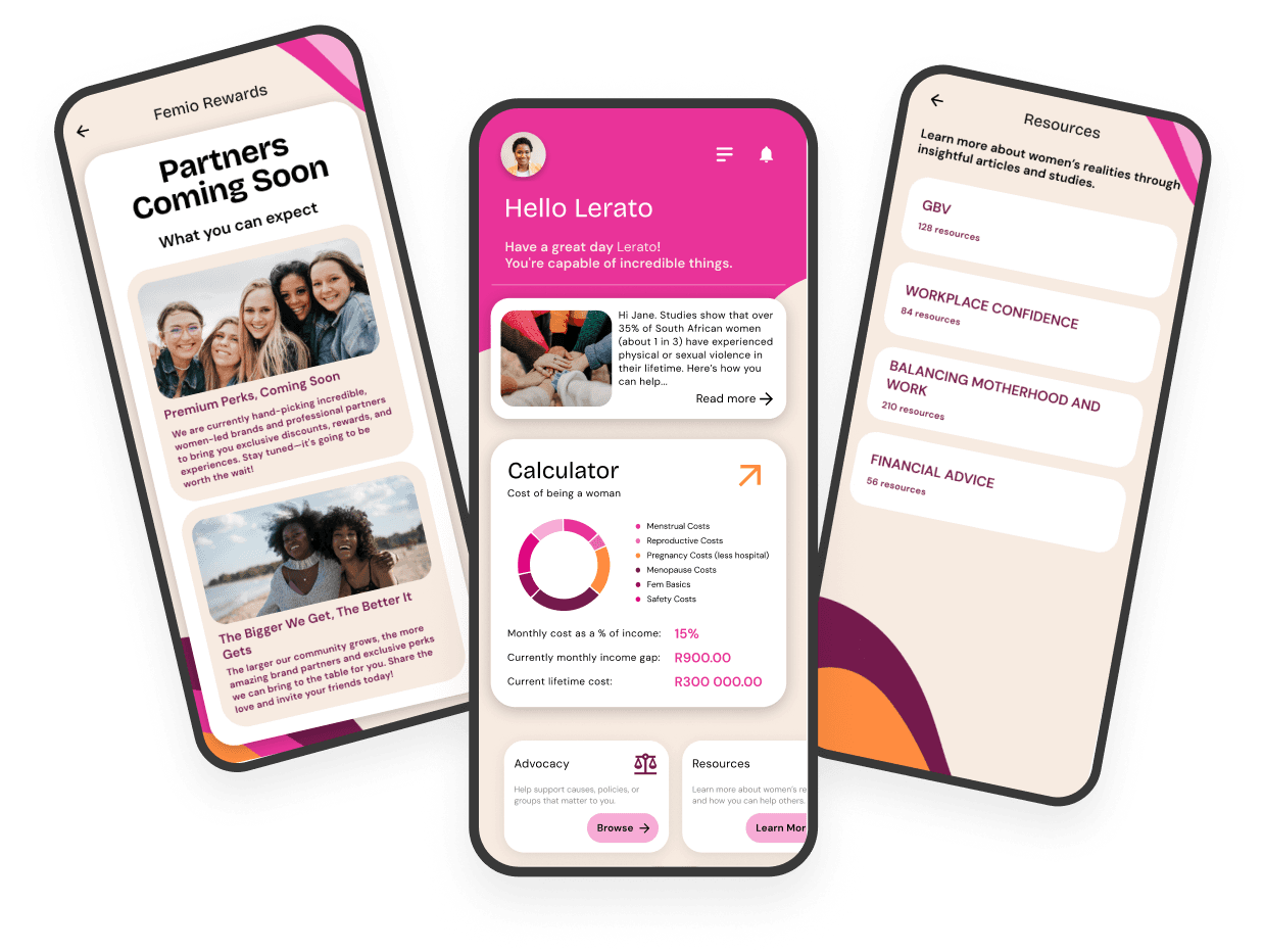 The Femio app — Women-Owned, home dashboard, and calculator screens