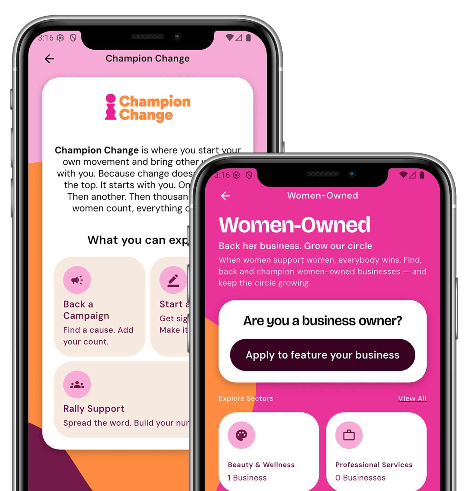 Femio app — Champion Change and Women-Owned screens
