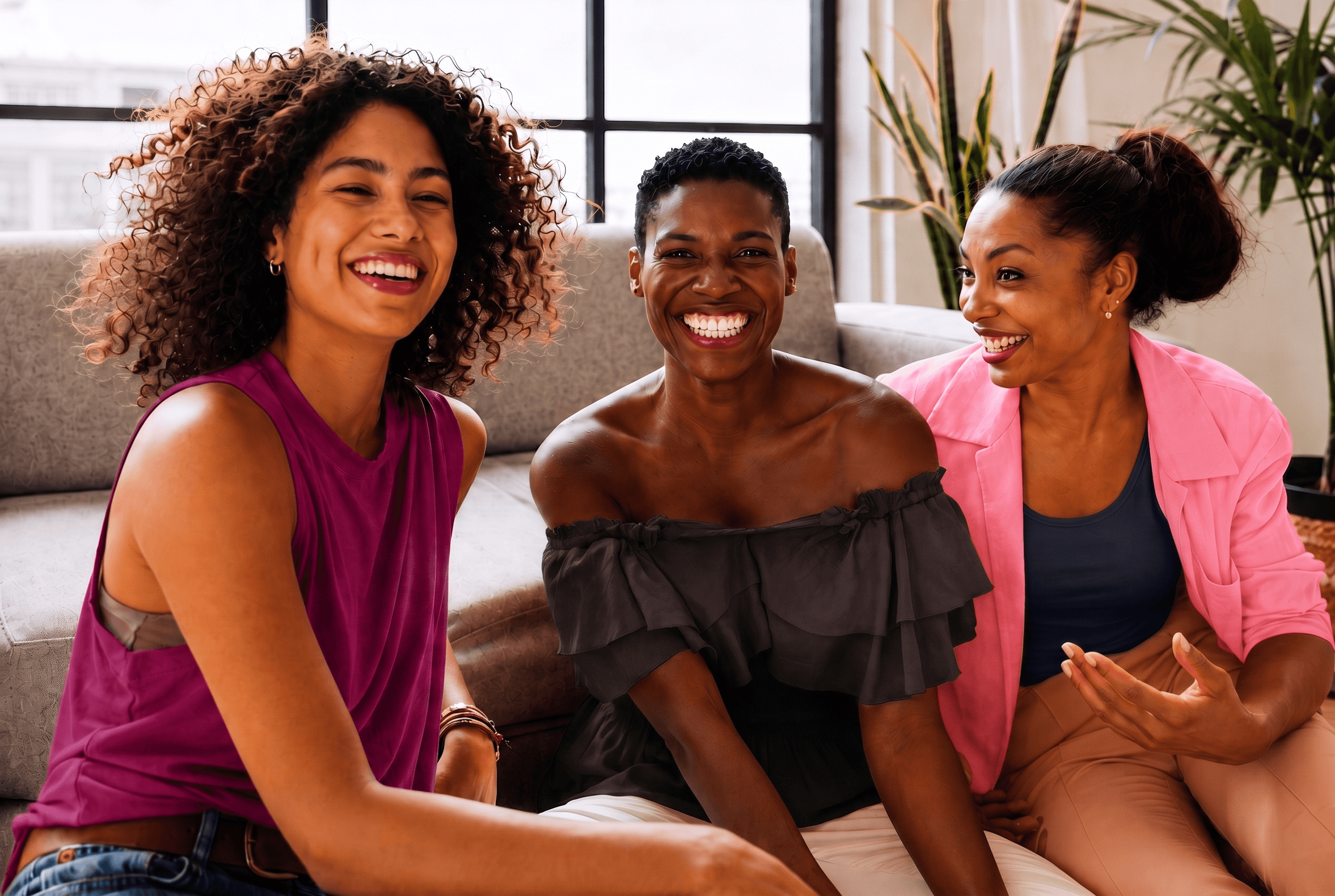 Three women smiling together in community