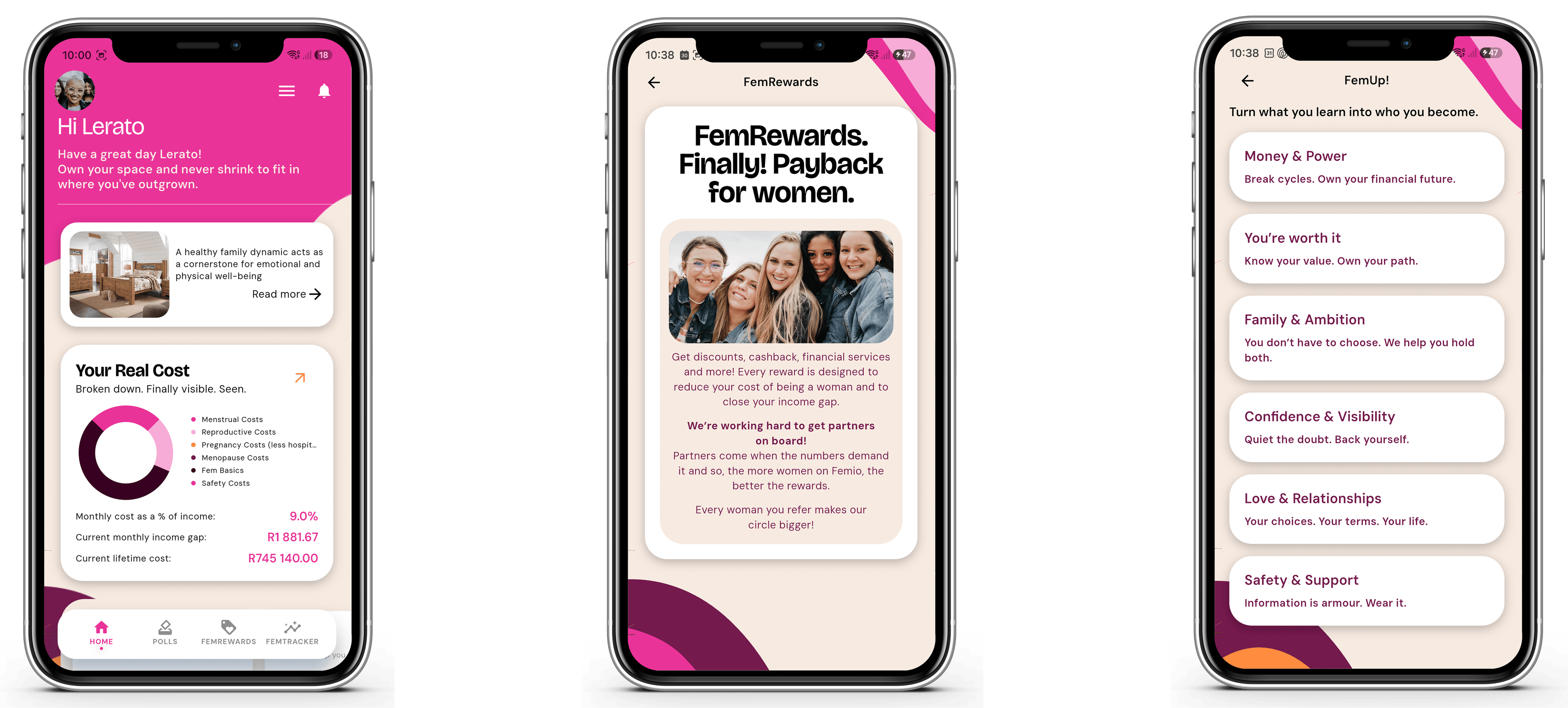 Femio app screens — Home, FemRewards, and FemUp!